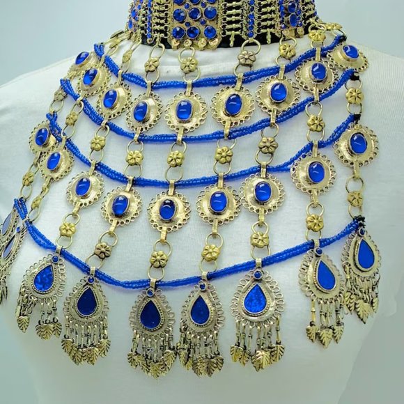 Blue Stones Necklace, Unique Oversized Necklace, Handmade Tribal Kuchi Boho - Picture 9 of 13